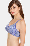 Rosaline Everyday Double Layered Non-Wired 3/4th Coverage  T-Shirt Bra - Blue Leafy Buds Print — thumbnail 3